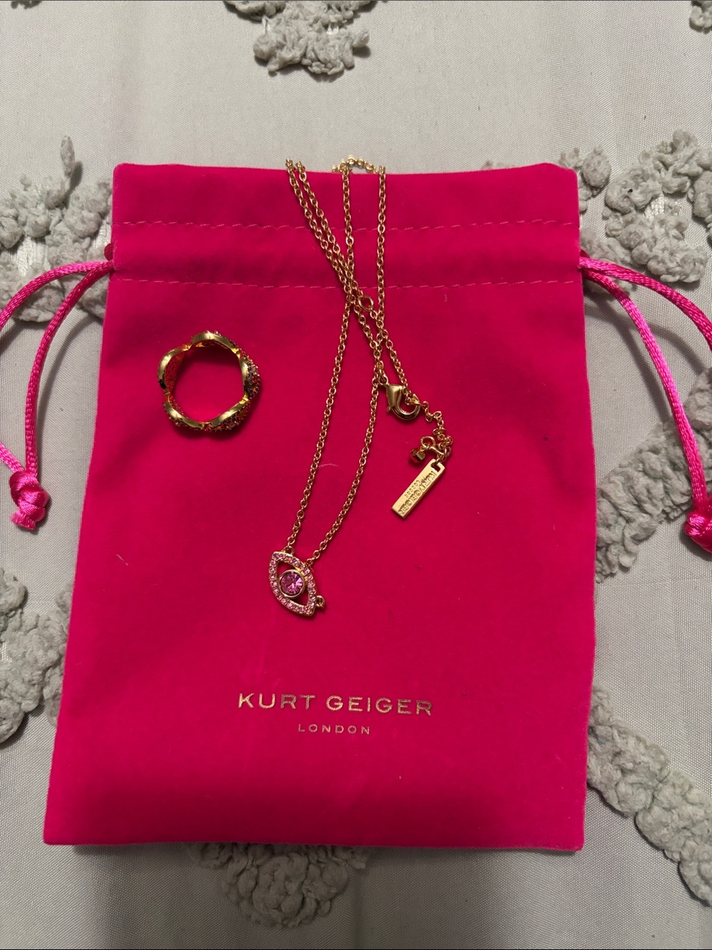 Kurt Geiger Gold Necklace with Pink Crystal Eye Pendant w/ unbranded eye ring